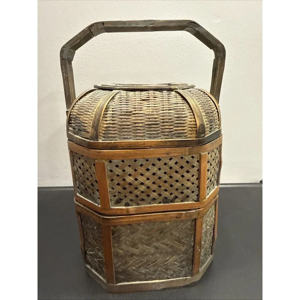 Antique Or Vintage Woven Bamboo Laquer 3-Tier Chinese Wedding Basket Fish Carved